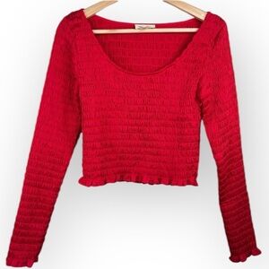 Open Edit Women's Red Smocked Long Sleeve Cropped Blouse Size S NWOT